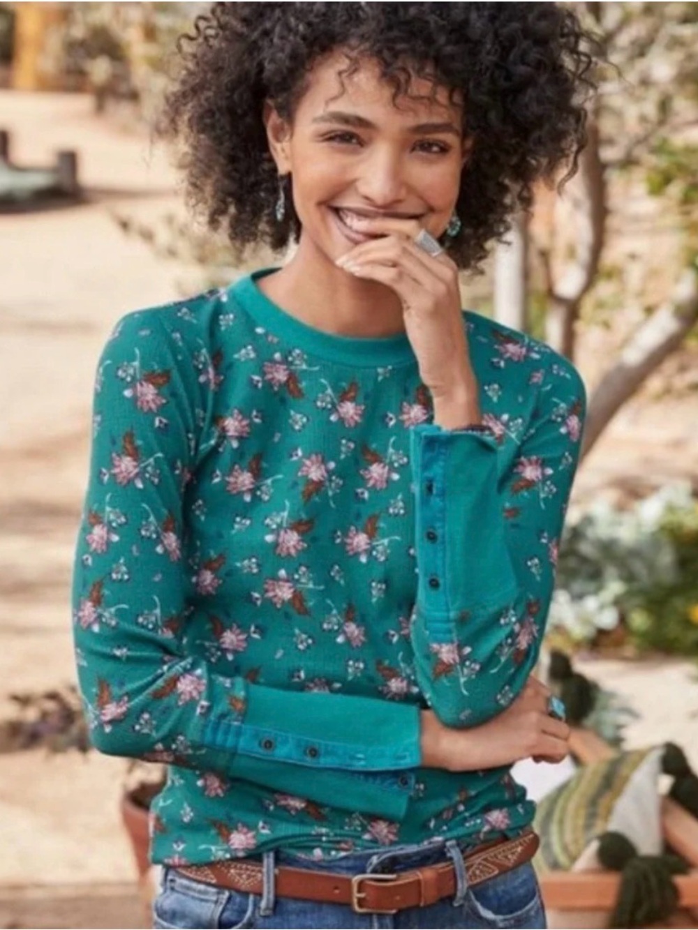 Sundance Teal Floral Button-Cuff Long Sleeve Waffle Top